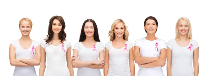 healthcare and medicine concept - group of smiling women in blank t-shirts with pink breast cancer awareness ribbons